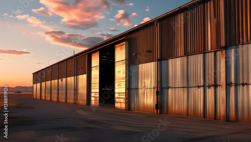 A vast, rustic warehouse stands alone in an open landscape, its corrugated