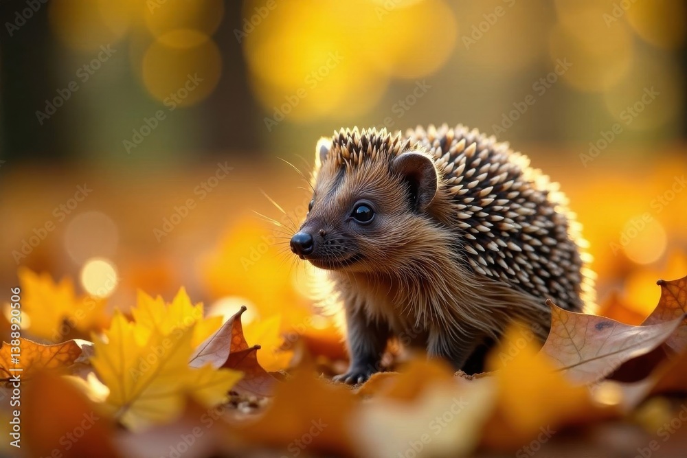 Fototapeta premium Hedgehog camouflaged by fallen autumn leaves Sunlit scene , ground, red