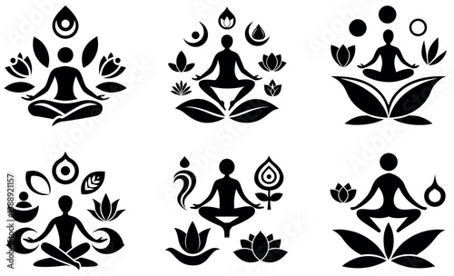 Meditation and Yoga Silhouette Icons Bundle – Wellness, Mindfulness, Lotus, Nature