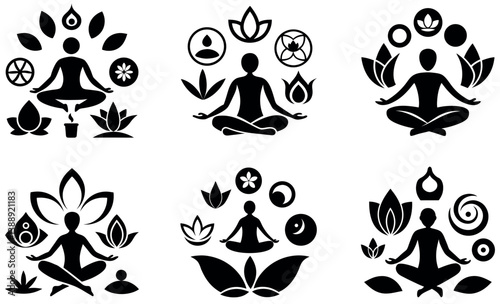 Meditation and Yoga Silhouette Icons Bundle – Wellness, Mindfulness, Lotus, Nature