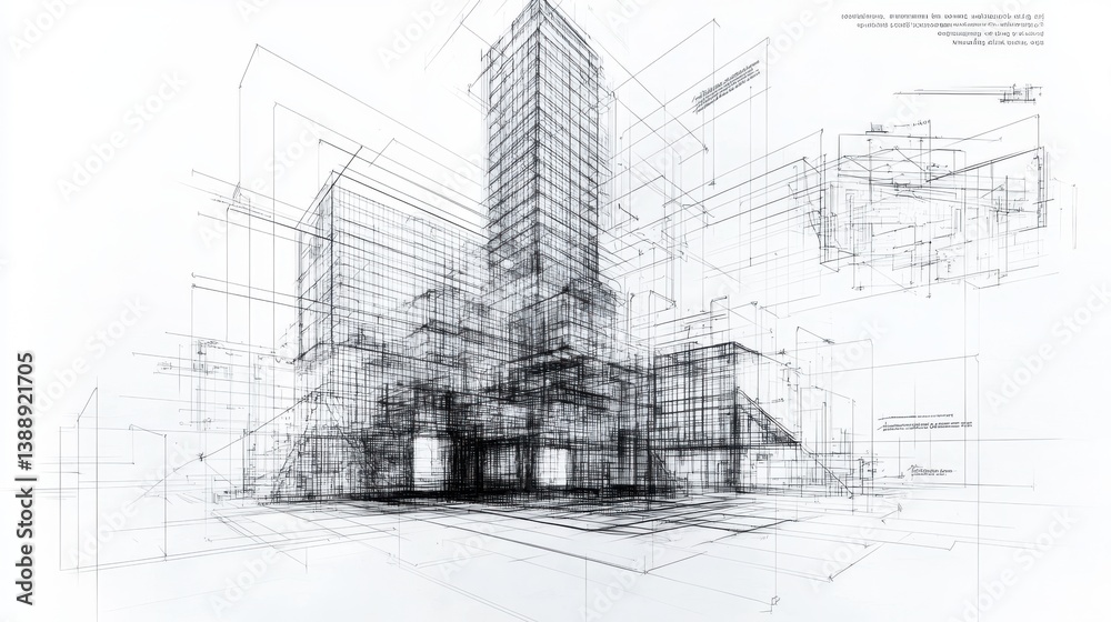 Fototapeta premium Futuristic Architectural Blueprint Sketch of Modern Skyscraper City Development Detailed technical drawing of a visionary urban landscape with high rise buildings gridlines and geometric shapes