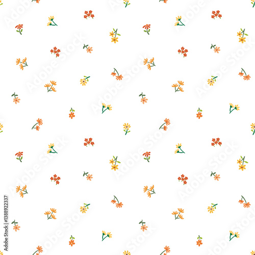 Seamless Pattern with Flower Design on White Background. Hand Drawn Vector Illustration.