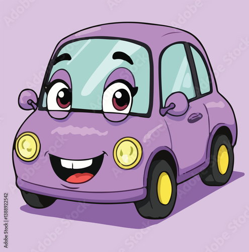 Cute Purple Cartoon Car Character – Smiling Vehicle Illustration for Kids Books, Apps, and Educational Designs