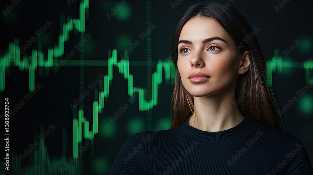 Green stock market chart in business and technology success concept. Confident woman analyzing financial data trends on screen. Green stock market chart in business and technology success concept. Confident woman analyzing financial data trends on screen.