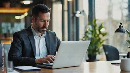 Focused professional using laptop for business tasks in modern office space