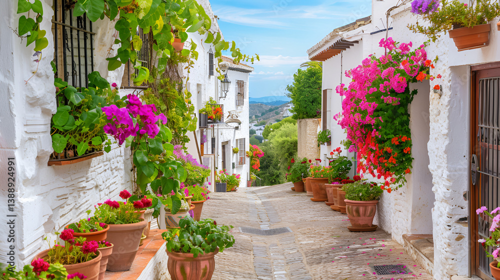 Naklejka premium Vibrant Spanish Village Street: Picturesque Architecture & Lush Flowers