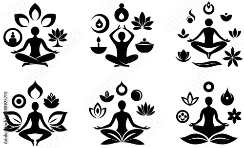 Set of Yoga and Meditation Icons with Floral Elements