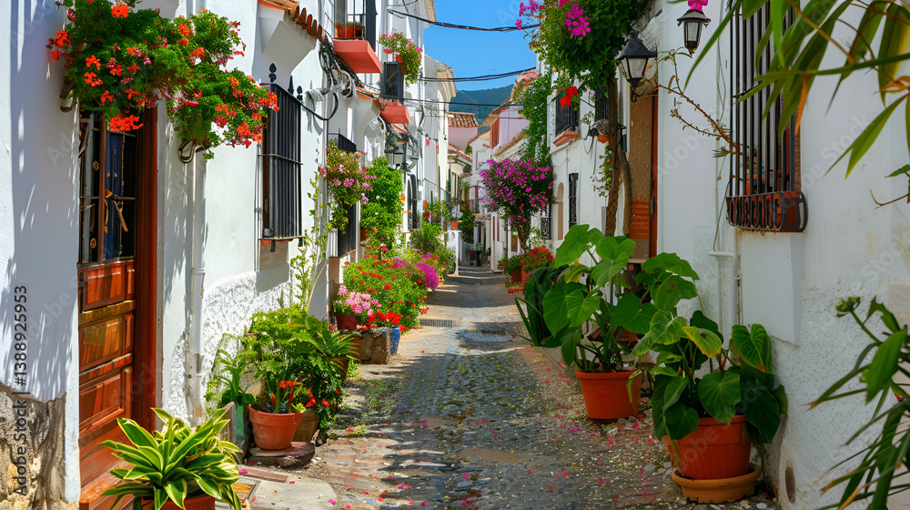 Naklejka premium Charming Spanish Village Street: Cobblestone Lane, Whitewashed Houses, Vibrant Flowers