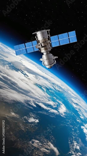 Earth observation satellite in Earth orbit against background of dark starry space