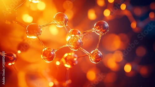 Close up view of a molecular structure with orange and red bokeh background in science concept art