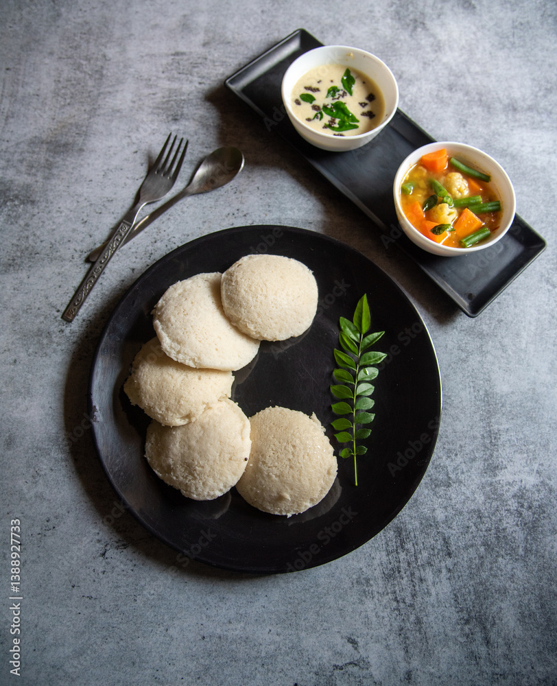 South Indian staple food steamed idli served on a plate with condiments.