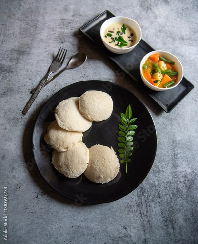 Obraz na płótnie South Indian staple food steamed idli served on a plate with condiments. w salonie
