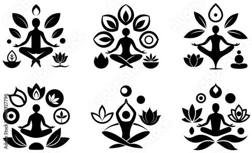 Set of Yoga and Meditation Icons with Floral Elements