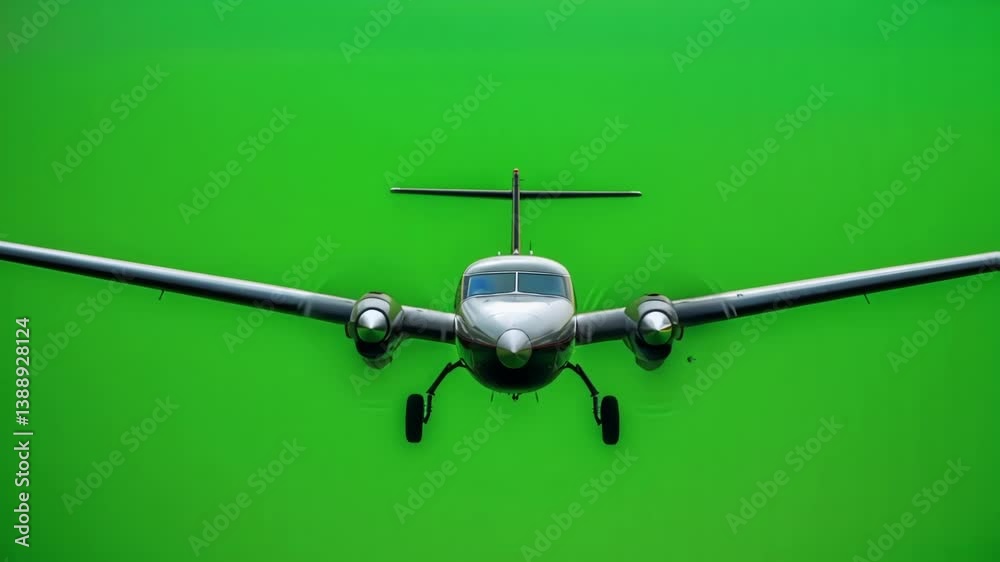 Twin engine airplane flying against green screen background, providing clean footage for seamless video editing, compositing, and visual effects projects with transparent alpha channel
