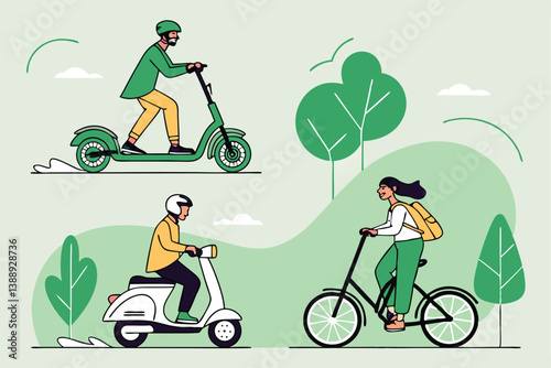 Eco-Friendly Transportation Illustration Featuring Electric Scooter, Moped, Bicycle, and Electric Car in Flat Design