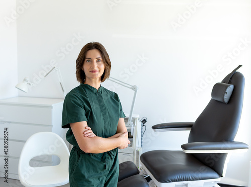 portrait of a woman cosmetologist in a medical uniform against the background of a medical chair. cosmetology office, health care and medical professional occupation