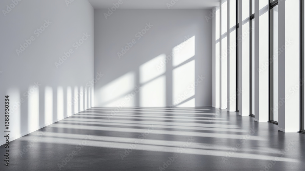 Fototapeta premium Minimalist interior with large windows casting shadows on floor
