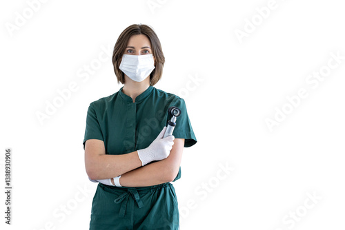 Portrait of a girl doctor dermatologist with a dermatoscope on a transparent background. Beautician in uniform on a transparent background. Skin health care and beauty. Portrait of a female doctor on 
