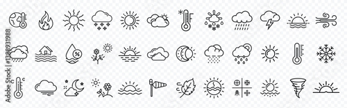 Weather and Climate Outline Icon Set with Sun, Clouds, and Temperature Symbols. Editable Vector Illustration, Weather related icon set 
