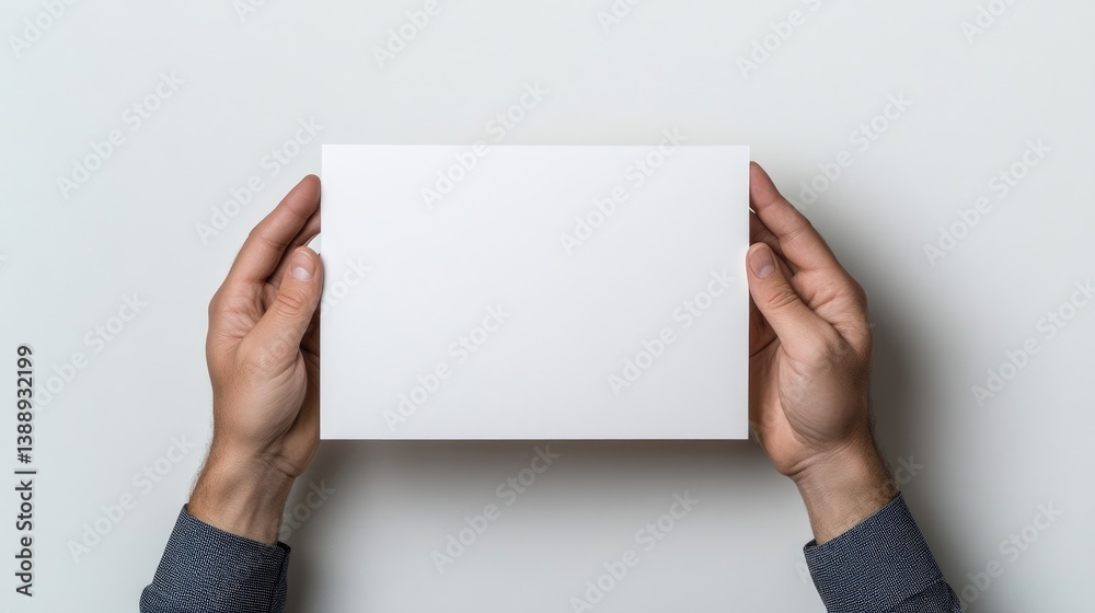Obraz premium Blank Papercard Hands Minimalist Style High-resolution Flat Lighting Overhead Flat Lay Presentation Neutral Background Clean Bright Tones Perfect Mockup Designs