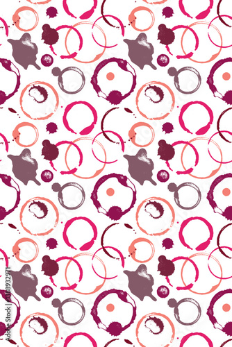 Wine stains pattern vector Illustration in color. Wine seamless background with spilled wine for fabric print design, winery label, vineyard banner, wineshop ad, bar poster
