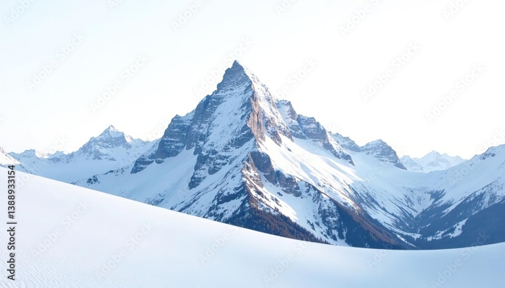 Naklejka premium Snow-covered mountain peak, untouched landscape on bright white background , view, serene, peaceful landscape