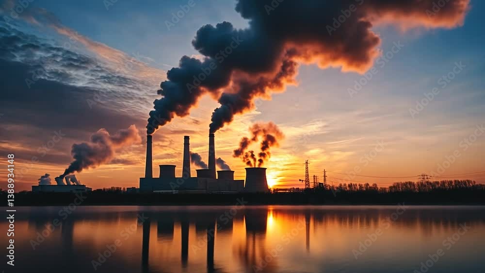 Industrial landscape with power plant at sunset reflected in calm water surface view Industrial landscape with power plant at sunset reflected in calm water surface view