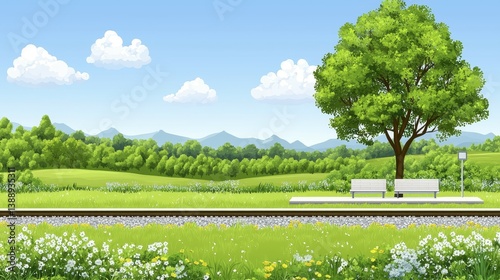Summer Train Platform Landscape Lush Green Tree, Wildflowers, Blue Sky