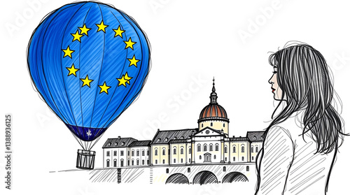 Happy Europe Day, A Woman Looking A Balloon with Europe flag on it, May 9, Isolated Background, Generative Ai