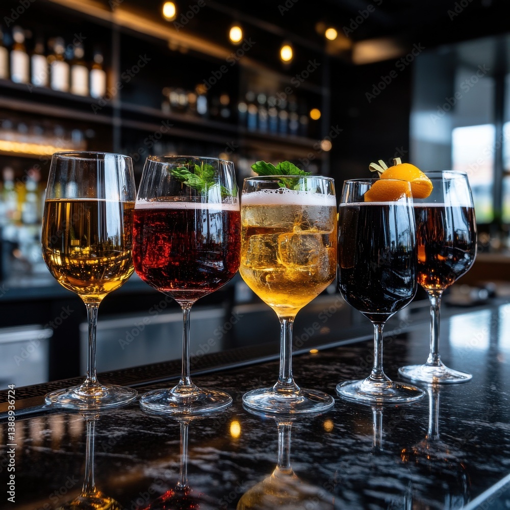 A row of wine glasses with different colored drinks in them A row of wine glasses with different colored drinks in them