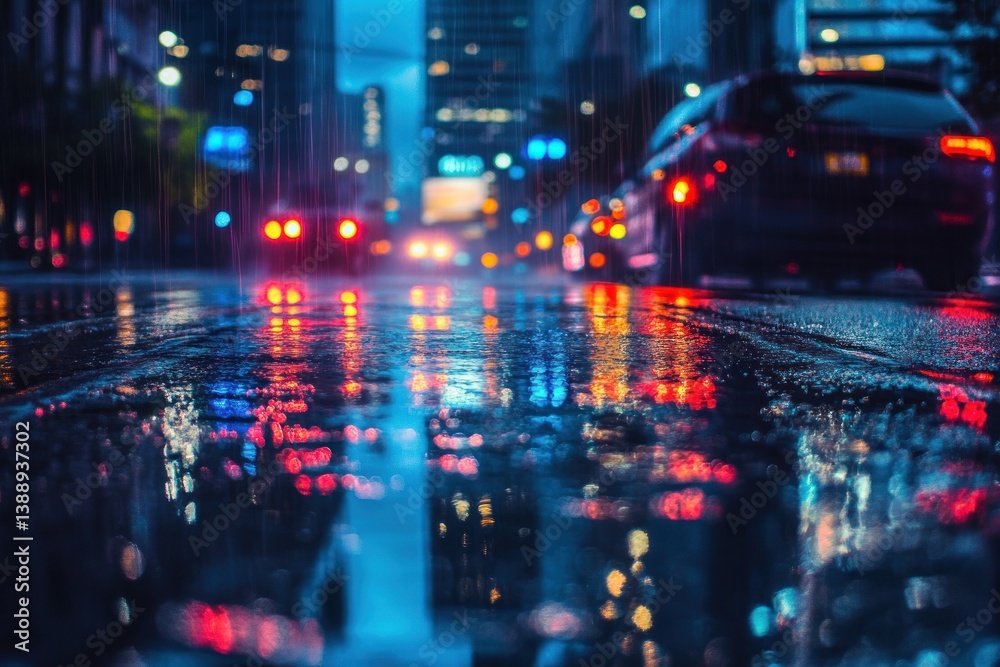 Obraz premium A wet urban street reflecting lights during a nighttime rainstorm