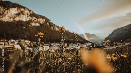 Field of flowers below mountains, with a town nestled in the valley and rainbow in the sky