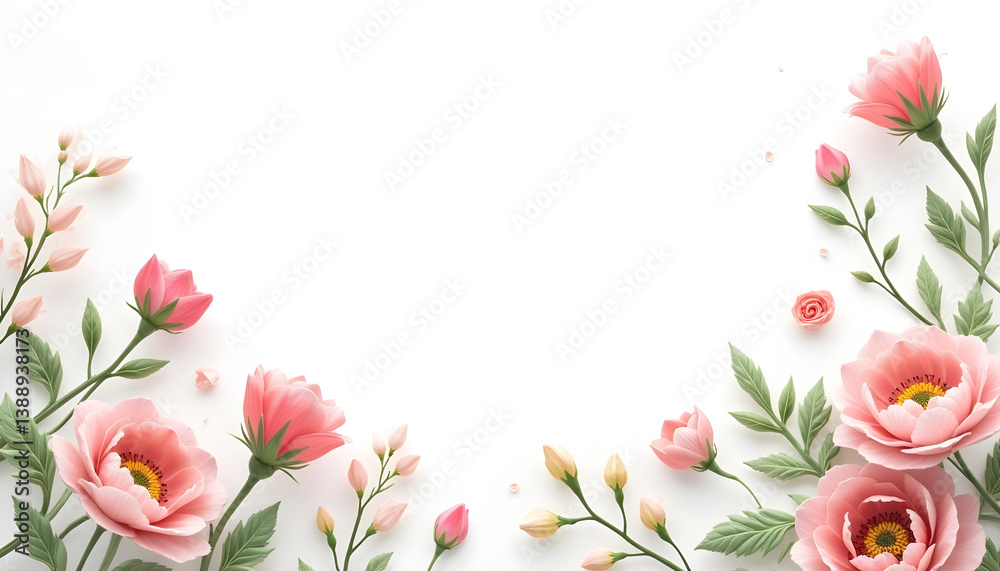 Obraz premium Flower frame, flower background. Mother's Day, Wedding, feminine, isolated flowers. flower decoration, deco, Rose, Lily, Daisy, leaves, lavender, Abutilon, white background, postcard, mock up