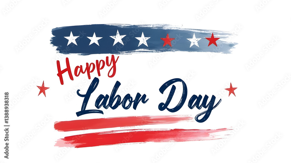 Obraz premium Patriotic Happy Labor Day illustration with red, white, and blue brush strokes and stars, perfect for U.S. holiday celebrations, banners, flyers, social media, and honoring American workers