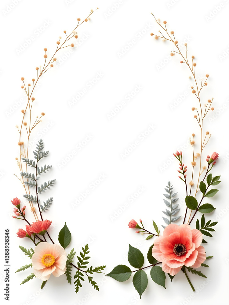 Obraz premium Flower frame, flower background. Mother's Day, Wedding, feminine, isolated flowers. flower decoration, deco, Rose, Lily, Daisy, leaves, lavender, Abutilon, white background, postcard, mock up