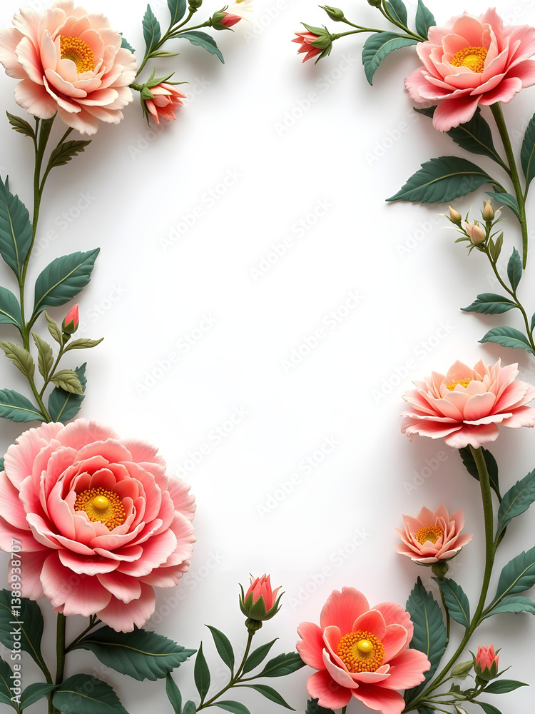 Fototapeta premium Flower frame, flower background. Mother's Day, Wedding, feminine, isolated flowers. flower decoration, deco, Rose, Lily, Daisy, leaves, lavender, Abutilon, white background, postcard, mock up