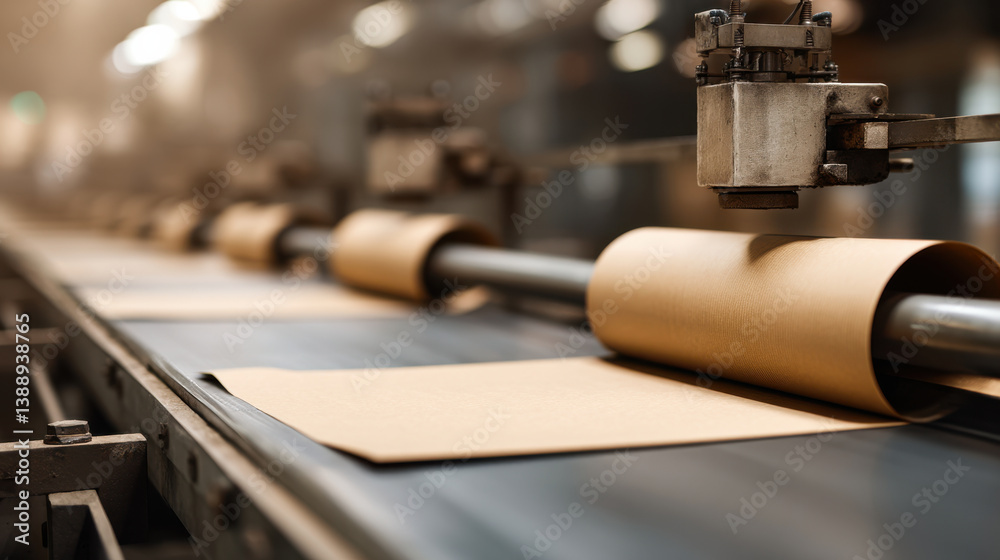 Fototapeta premium Kraft paper rolls on conveyor in factory setting, showcasing industrial production