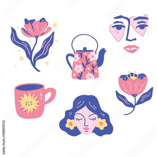 Cute floral illustrations with a teapot mug and faces