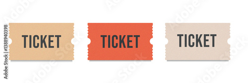 Ticket template set in texture grain. Mockup for show, festival, movie, cinema, concert, event. Vector illustration