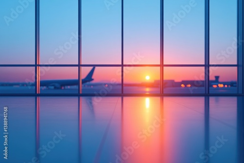 Colorful sunset illuminating airport terminal, reflecting on smo photo