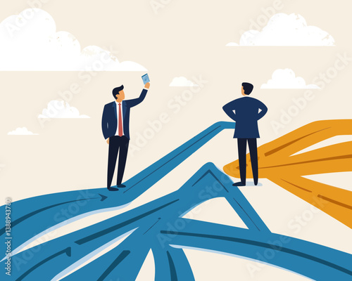 Confused Businessman Choosing Career Path Direction, Considering Multiple Options for Business Growth, Flat Minimalist SVG Vector, Paradox of Choice Concept