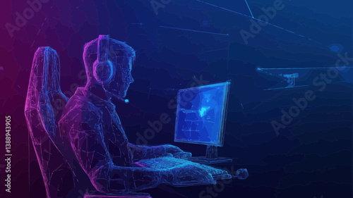 Low Poly Wireframe Cybersport Banner: 3D Mesh Esports Competition Concept with Connected Dots for Professional Gamers and Online Game Championships