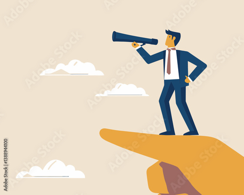 Business Vision Strategy: Businessman Standing on Pointing Finger with Telescope for Future Success in Minimalist SVG Vector Style