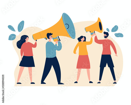 Word of Mouth Marketing Strategy Vector Illustration - People Using Megaphones to Communicate Product and Service Stories - Minimalist Flat Design Concept
