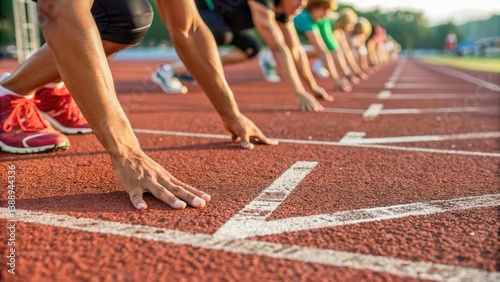 Runner's hands tensely pressing on the starting line. The athlete's concentration is visible before the start of the decisive race. The dynamic shot conveys energy and power.