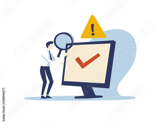 Businessman Investigating Incident Management with Magnifier and Warning Sign for Risk Analysis in Flat Minimalist SVG Vector
