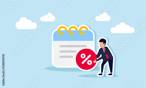 Businessman holding a discount sign in front of a calendar schedule, illustration of price discount promo