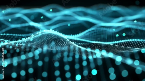 Futuristic data stream visualization with flowing digital particles and grid waves