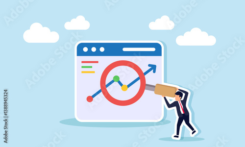 Businessman holding a magnifying glass analyzing a line chart on an app interface, illustration of business evaluation and analisa related to improving performance