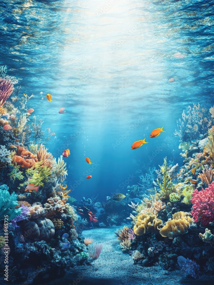 Naklejka premium Swimming Fish Among Coral Reefs with Sunlight Underwater Scene